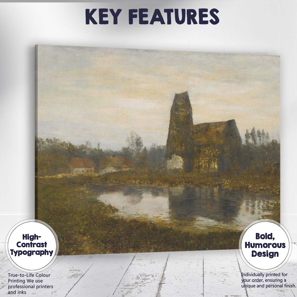 Traditional Rustic Countryside Church Riverside Landscape Oil Painting Canvas Wall Art Print Decor Picture Ready to Hang