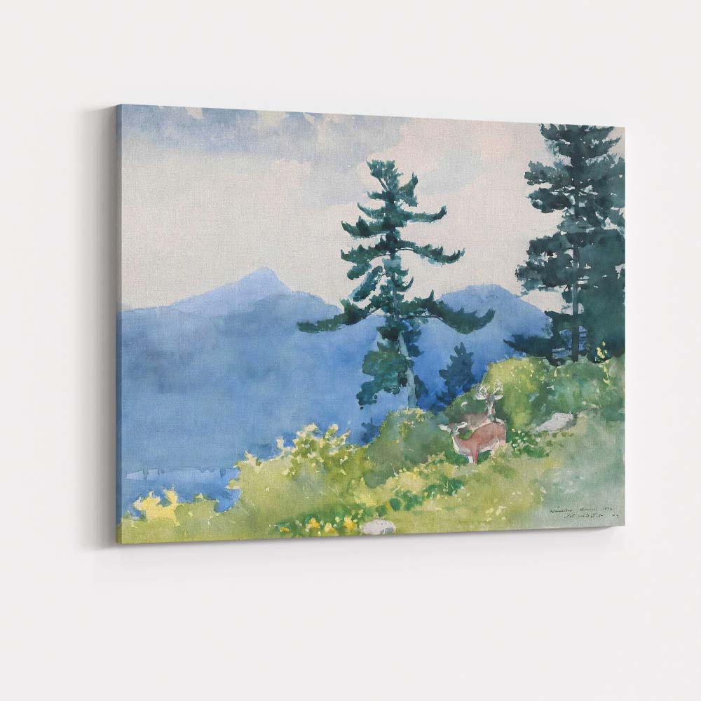 Watercolour Mountain Forest Deer Wildlife Scenic Landscape Canvas Wall Art Print Decor Picture Ready to Hang