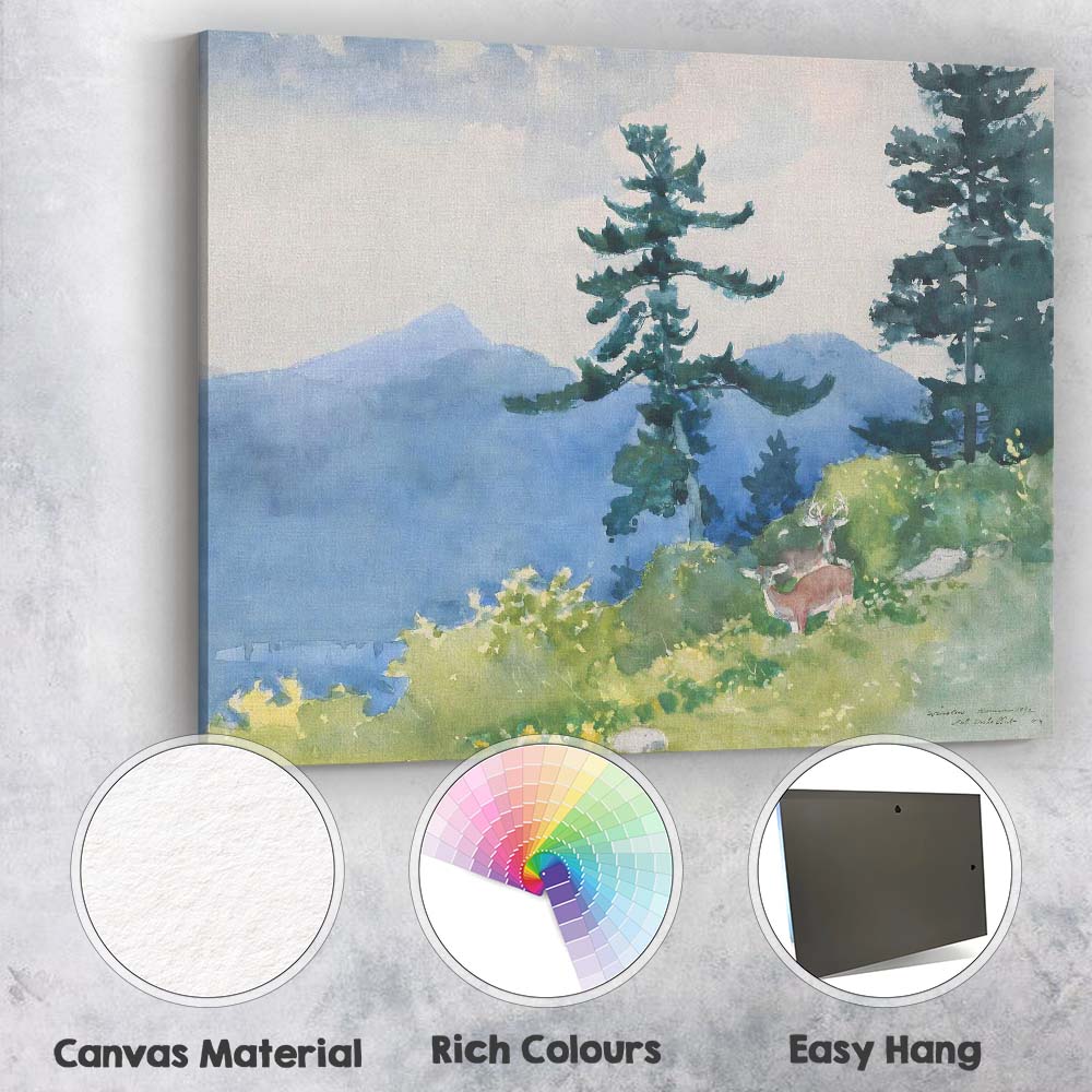 Watercolour Mountain Forest Deer Wildlife Scenic Landscape Canvas Wall Art Print Decor Picture Ready to Hang