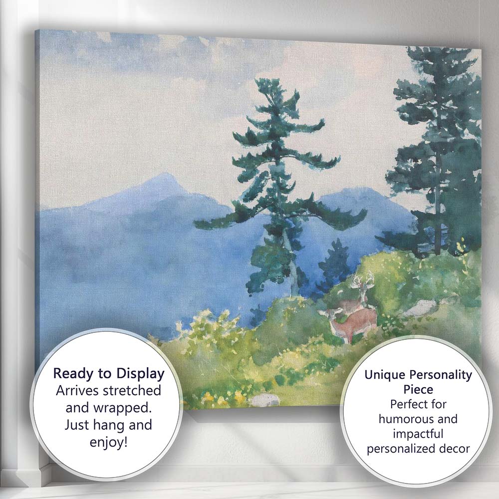 Watercolour Mountain Forest Deer Wildlife Scenic Landscape Canvas Wall Art Print Decor Picture Ready to Hang