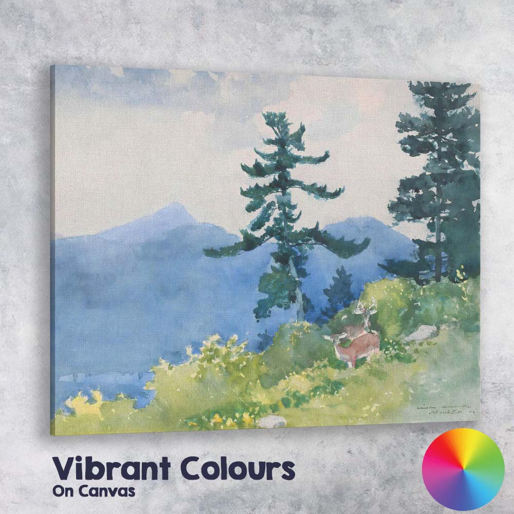 Watercolour Mountain Forest Deer Wildlife Scenic Landscape Canvas Wall Art Print Decor Picture Ready to Hang