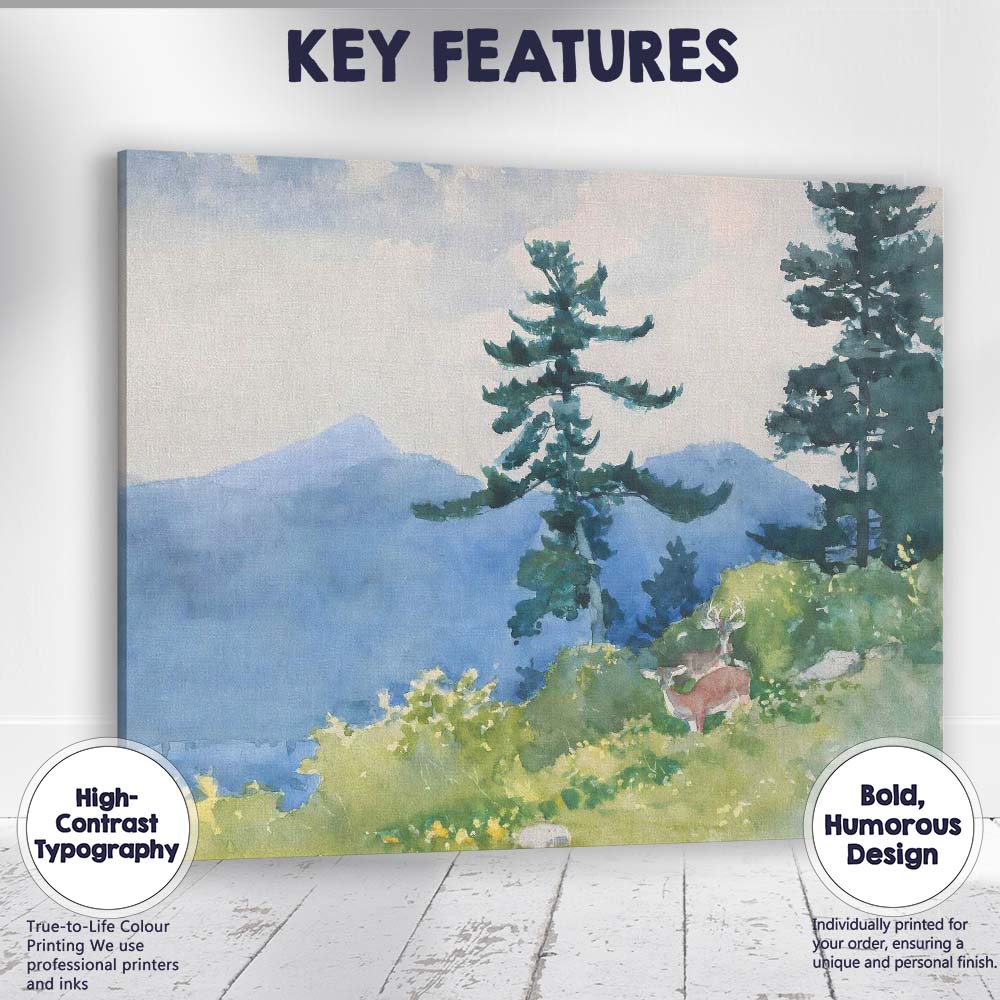 Watercolour Mountain Forest Deer Wildlife Scenic Landscape Canvas Wall Art Print Decor Picture Ready to Hang