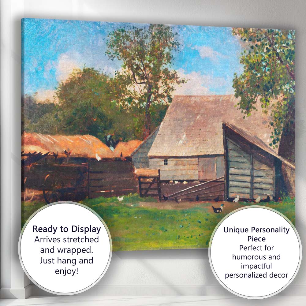 Rustic Farmyard Barn Chickens Country Landscape Oil Painting Canvas Wall Art Print Decor Picture Ready to Hang
