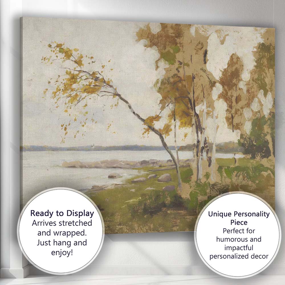 Serene Birch Trees Lakeside Landscape Impressionist Nature Painting Canvas Wall Art Print Decor Picture Ready to Hang
