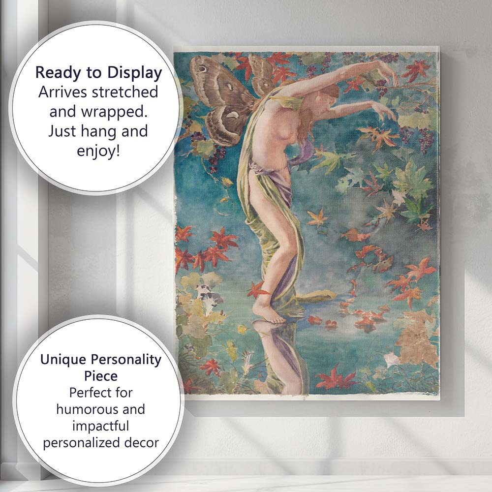 Art Nouveau Fairy Butterfly Autumn Leaves Botanical Fantasy Canvas Wall Art Print Decor Picture Ready to Hang