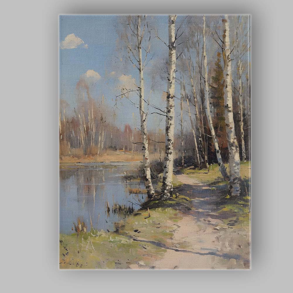 Contemporary Birch Trees Lakeside Woodland Landscape Canvas Wall Art Print Decor Picture Ready to Hang