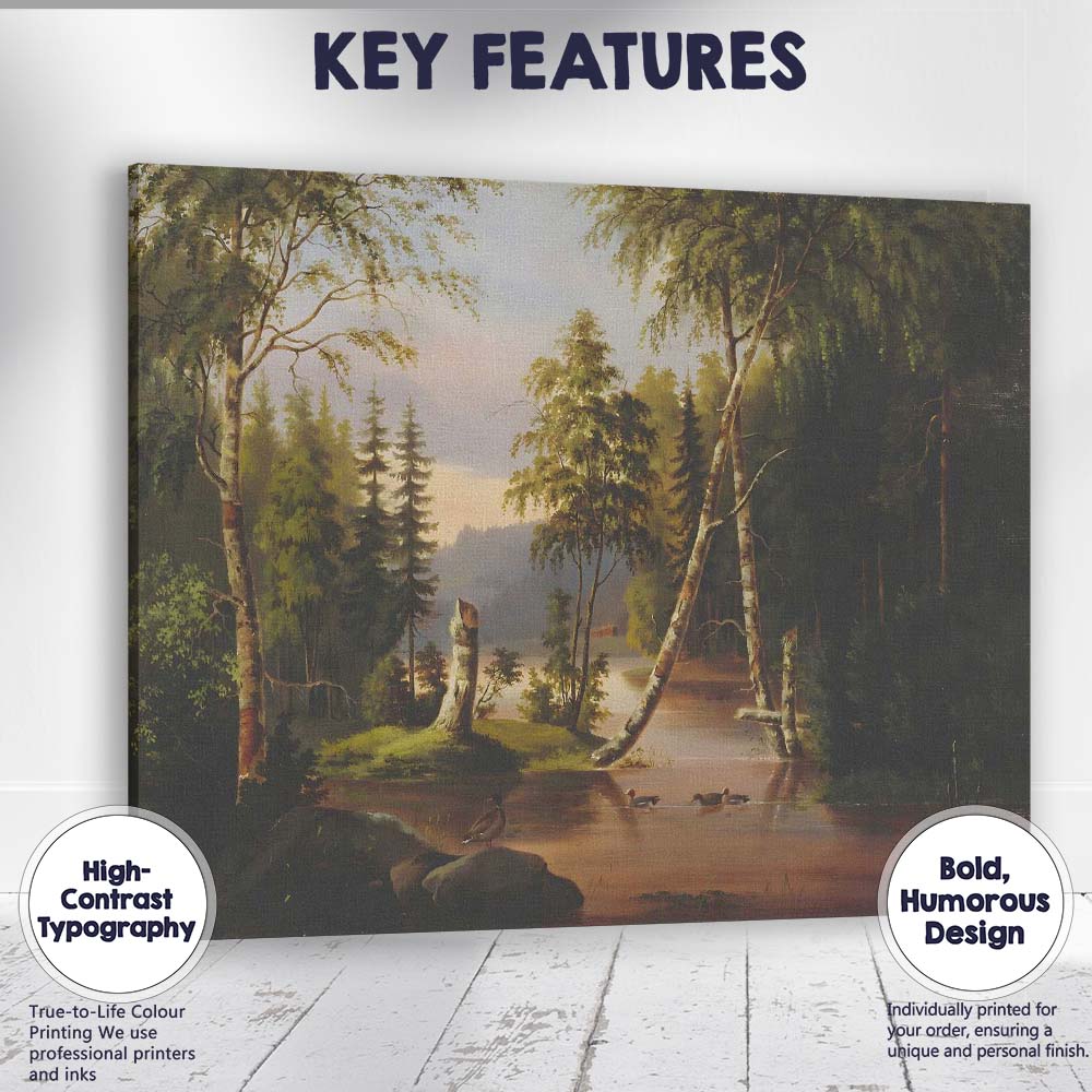 Peaceful Forest Lake Ducks Woodland Reflection Landscape Canvas Wall Art Print Decor Picture Ready to Hang