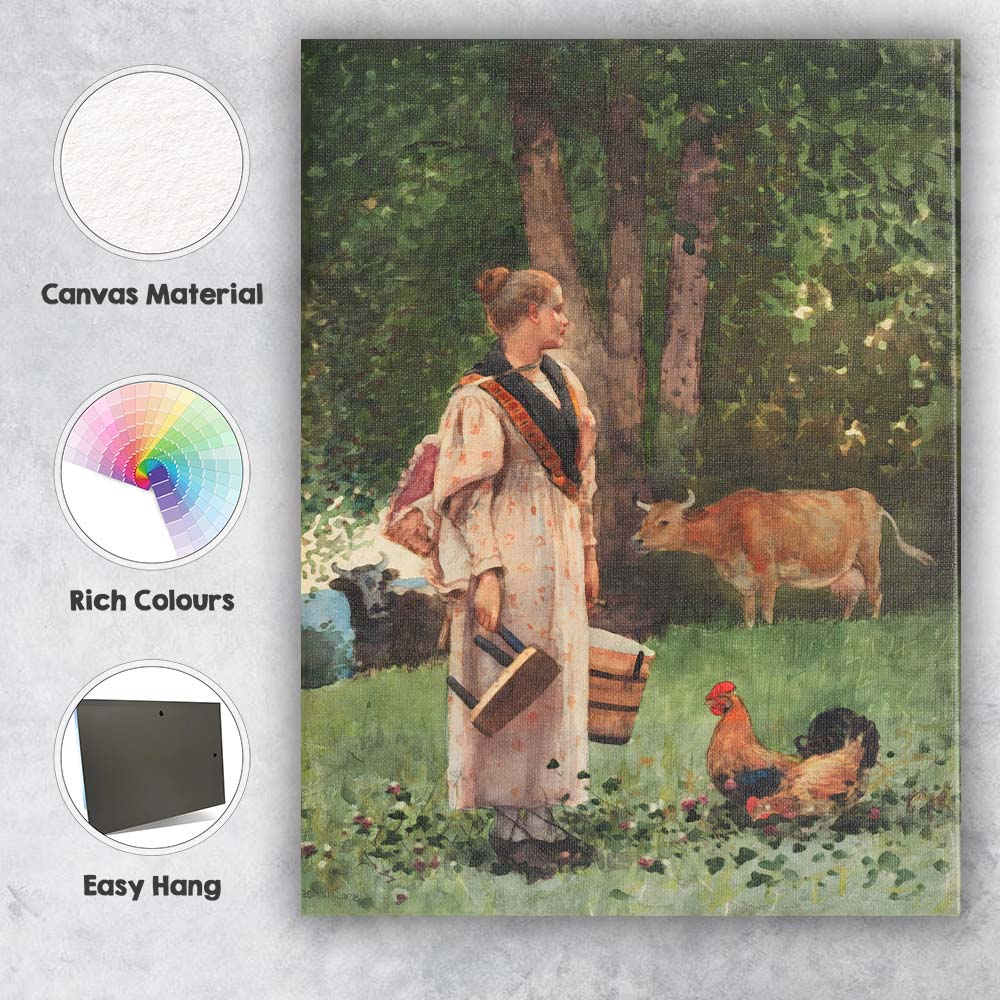 Traditional Rural Farm Woman With Chickens And Cattle Watercolour Canvas Wall Art Print Decor Picture Ready to Hang