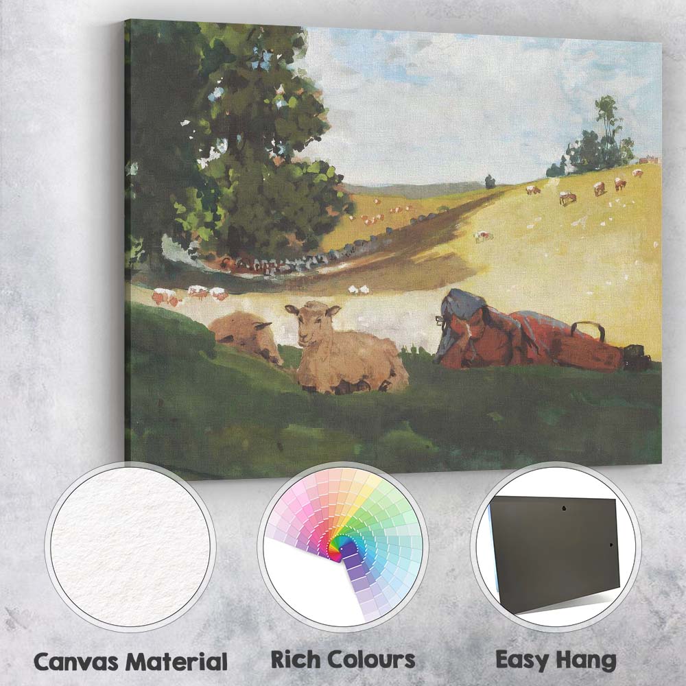 Peaceful Shepherd Resting With Lambs Pastoral Landscape Canvas Wall Art Print Decor Picture Ready to Hang