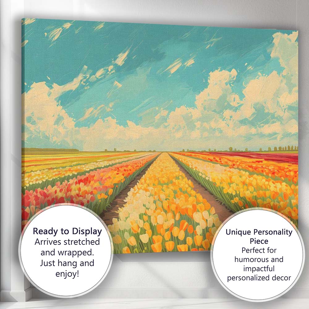 Colourful Tulip Fields Under Blue Sky Landscape Canvas Wall Art Print Decor Picture Ready to Hang