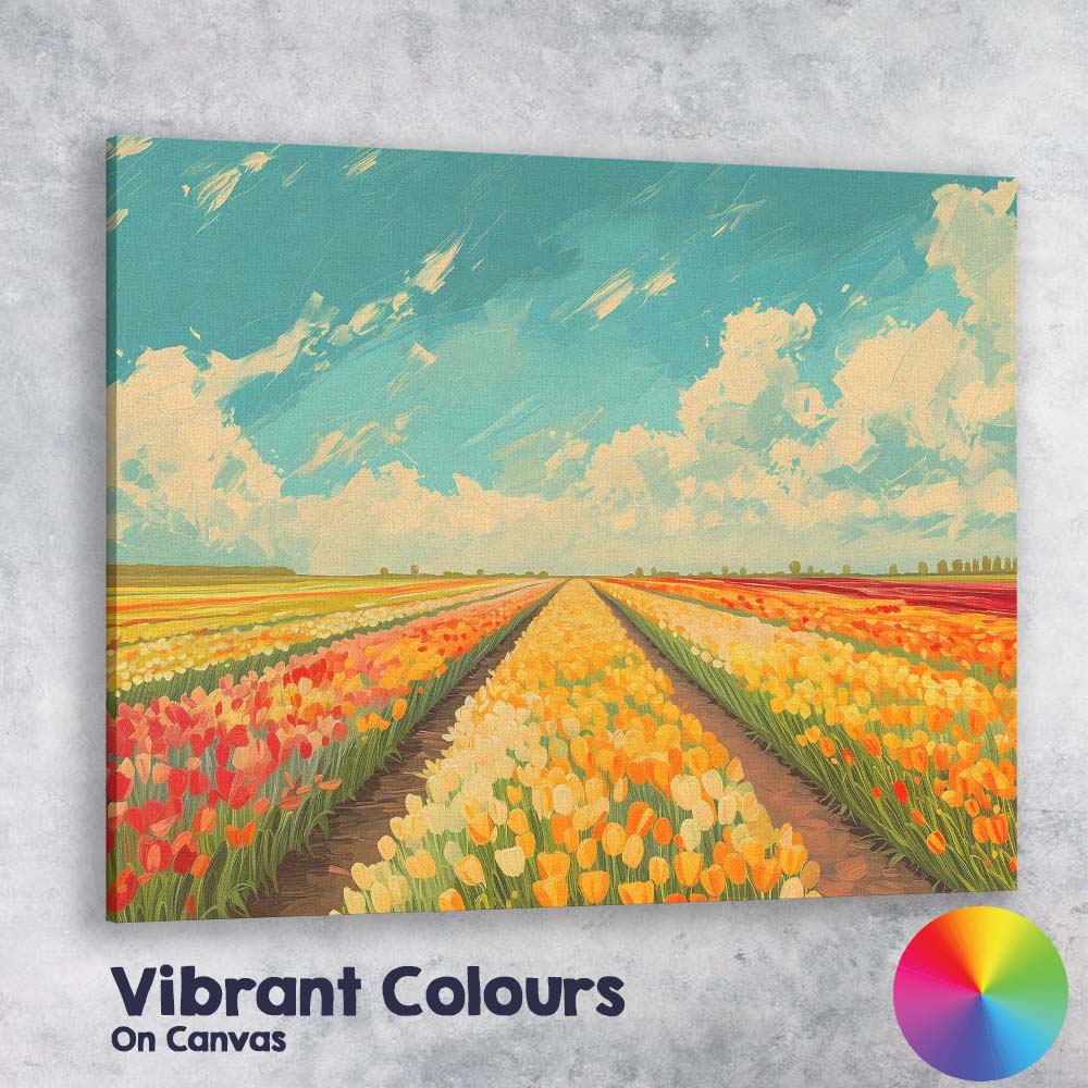 Colourful Tulip Fields Under Blue Sky Landscape Canvas Wall Art Print Decor Picture Ready to Hang