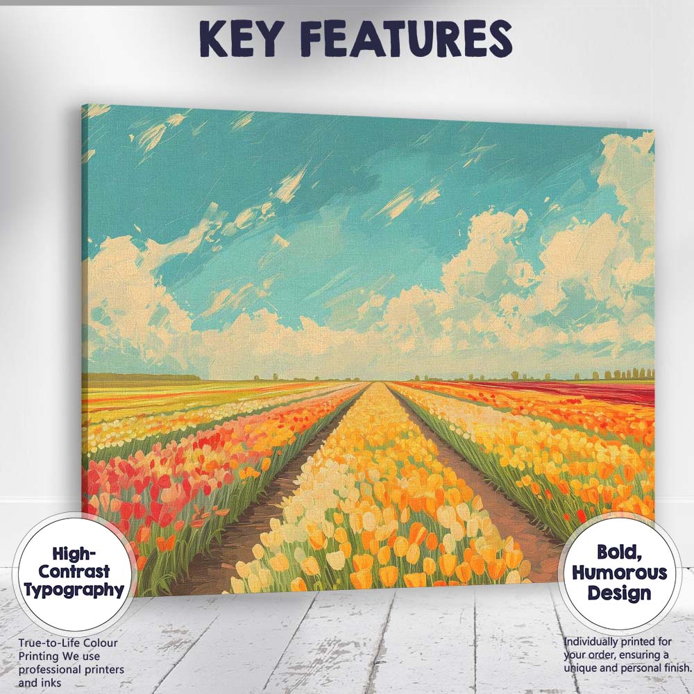 Colourful Tulip Fields Under Blue Sky Landscape Canvas Wall Art Print Decor Picture Ready to Hang