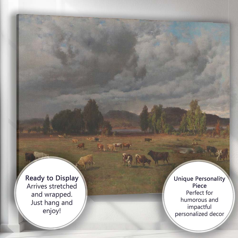 Dramatic Storm Clouds Over Grazing Cattle Landscape Canvas Wall Art Print Decor Picture Ready to Hang