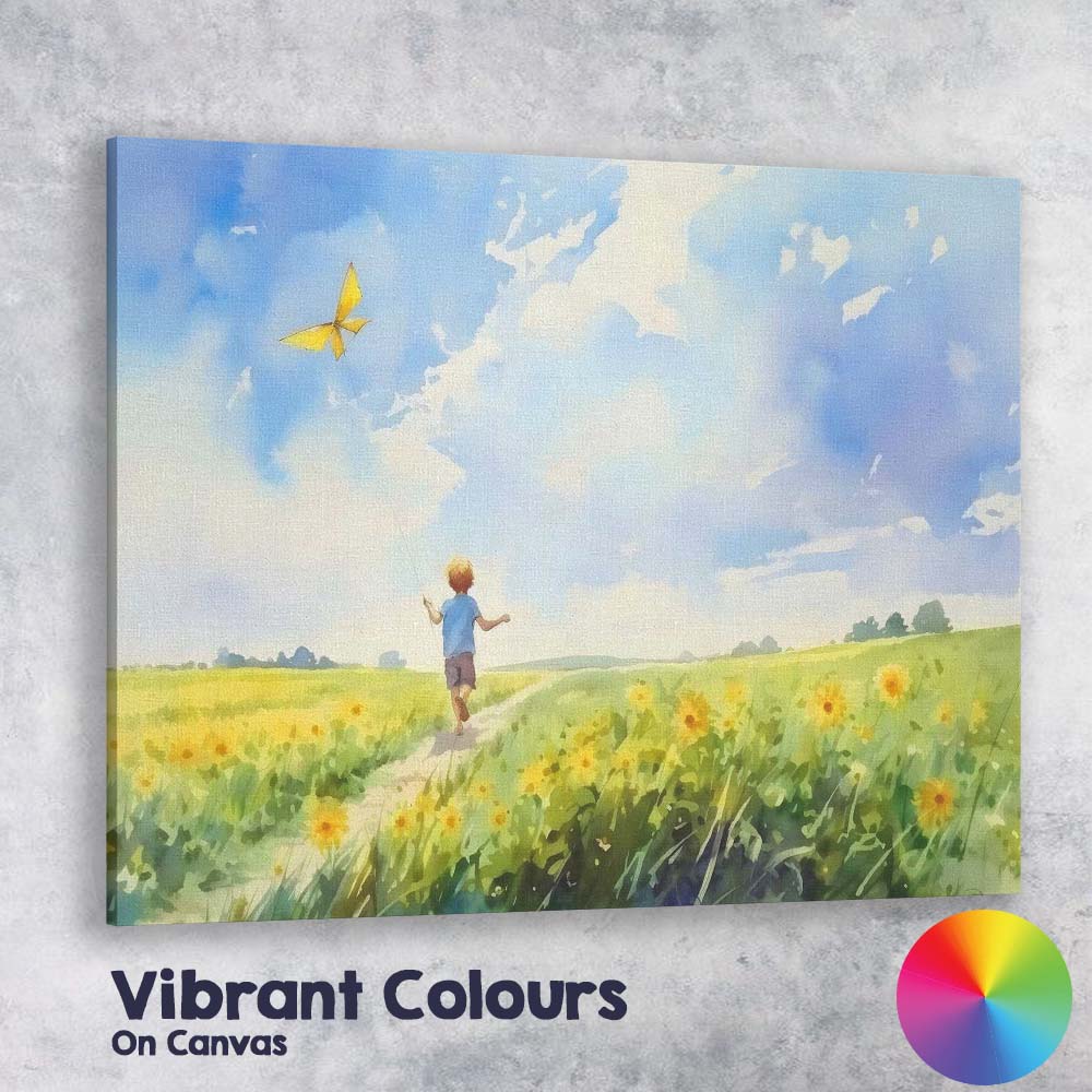Watercolour Child Flying Yellow Kite In Wildflower Meadow Canvas Wall Art Print Decor Picture Ready to Hang