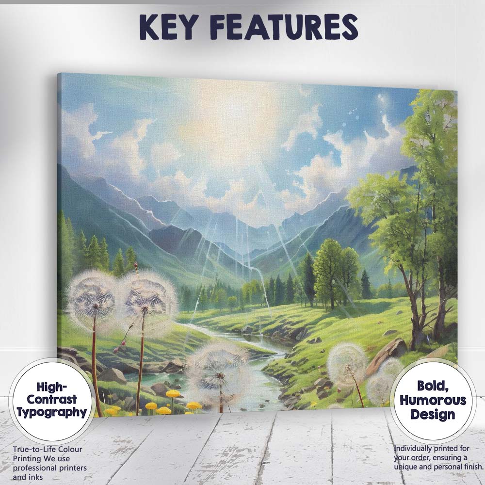 Sunlit Mountain Valley River And Dandelions Landscape Canvas Wall Art Print Decor Picture Ready to Hang