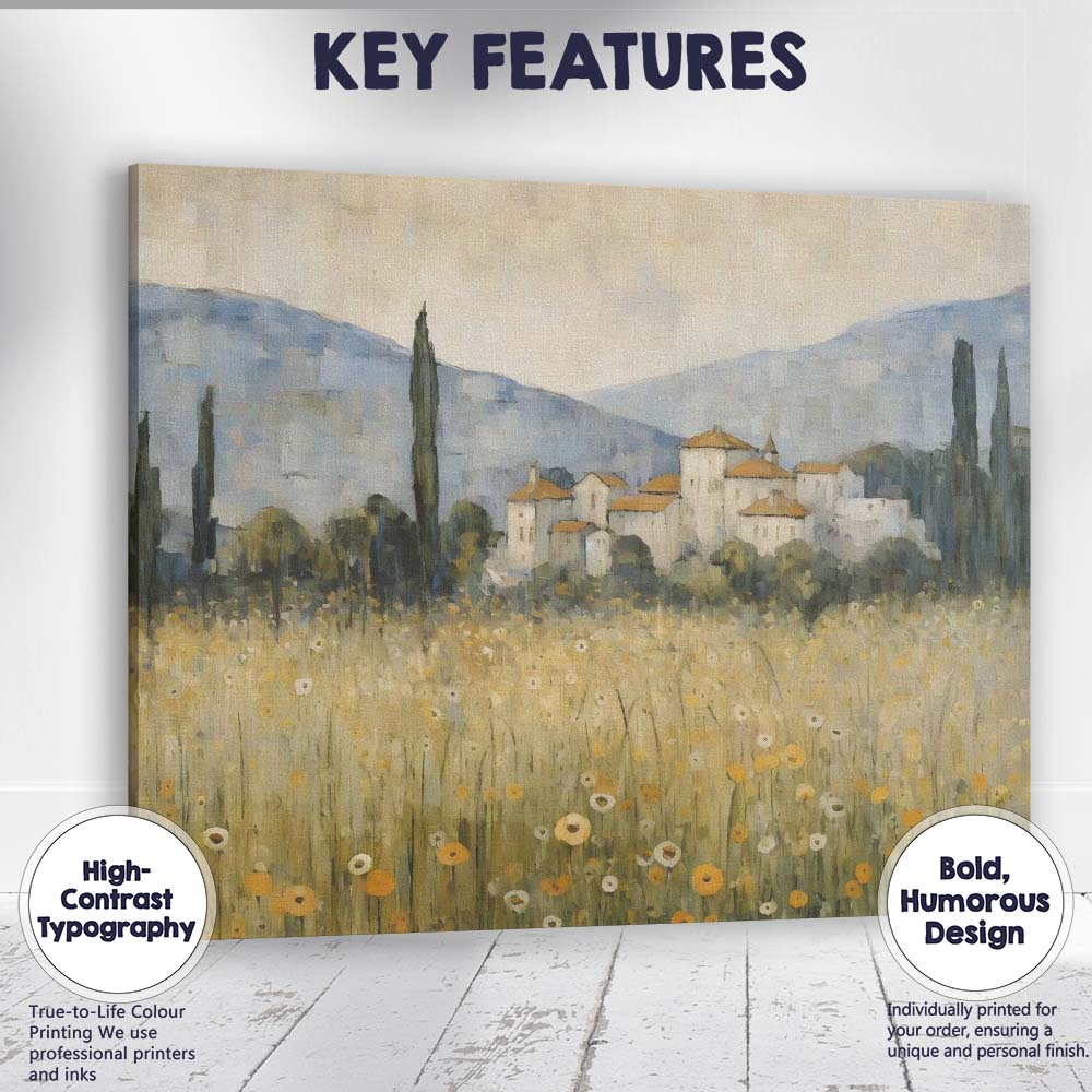 Soft Impressionist Tuscan Village Wildflower Meadow Canvas Wall Art Print Decor Picture Ready to Hang