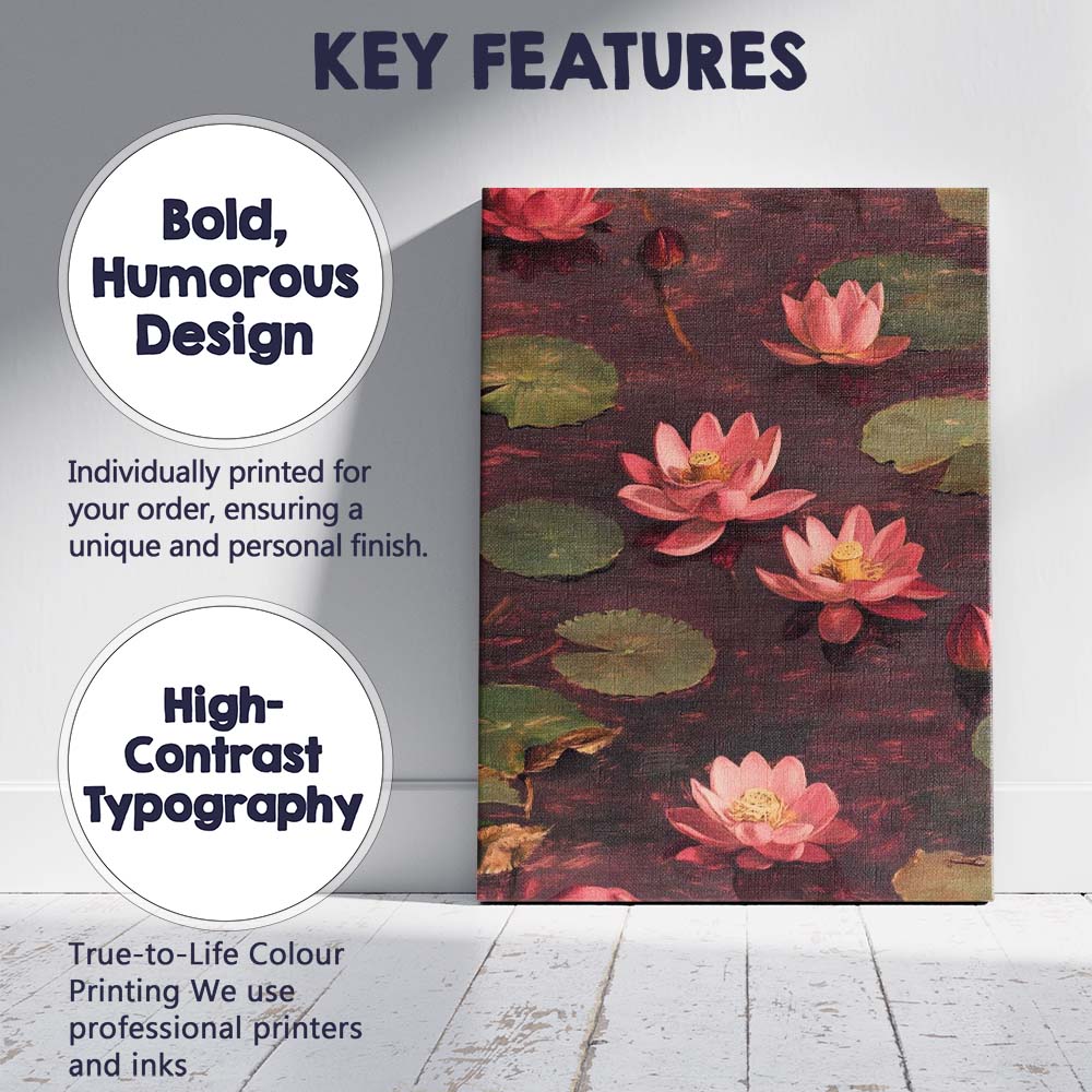 Pink Lotus Water Lilies Botanical Pond Painting Canvas Wall Art Print Decor Picture Ready to Hang