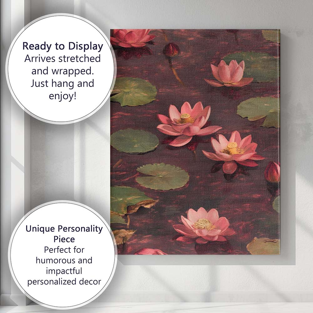 Pink Lotus Water Lilies Botanical Pond Painting Canvas Wall Art Print Decor Picture Ready to Hang