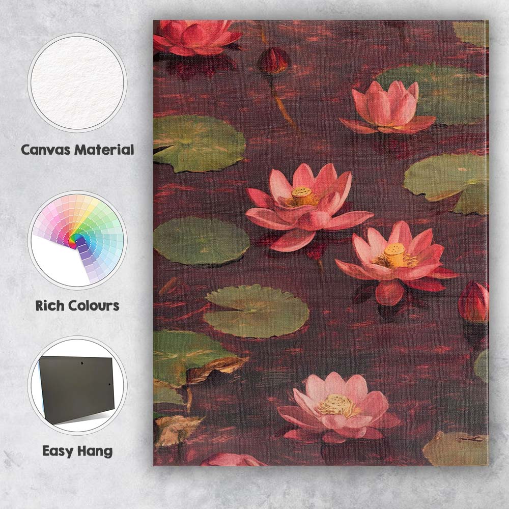 Pink Lotus Water Lilies Botanical Pond Painting Canvas Wall Art Print Decor Picture Ready to Hang