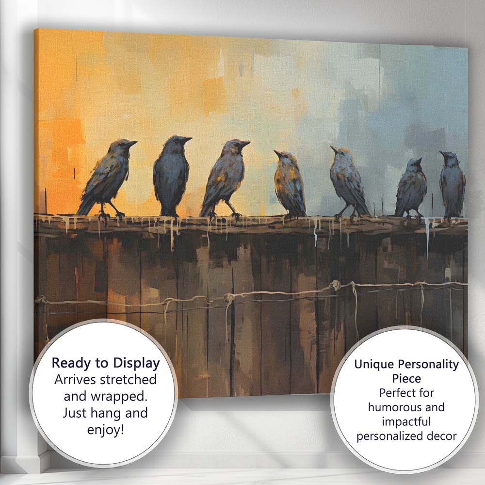 Contemporary Birds Perched On Wooden Fence Abstract Canvas Wall Art Print Decor Picture Ready to Hang