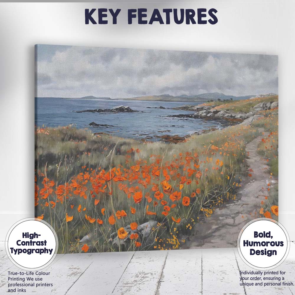 Coastal Poppy Wildflower Path Seaside Landscape Canvas Wall Art Print Decor Picture Ready to Hang