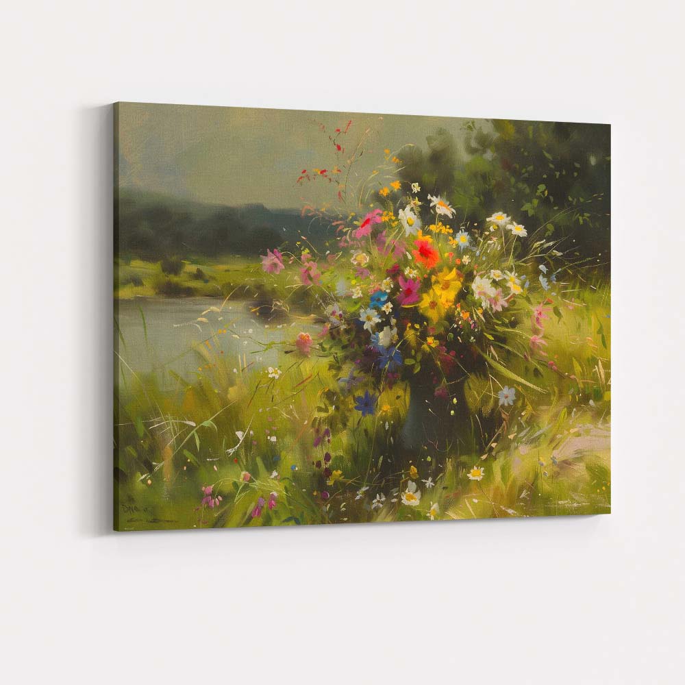 Colourful Wildflower Bouquet By Tranquil Lake Canvas Wall Art Print Decor Picture Ready to Hang
