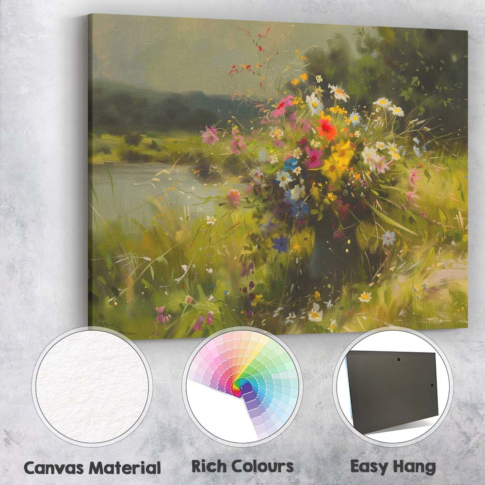 Colourful Wildflower Bouquet By Tranquil Lake Canvas Wall Art Print Decor Picture Ready to Hang