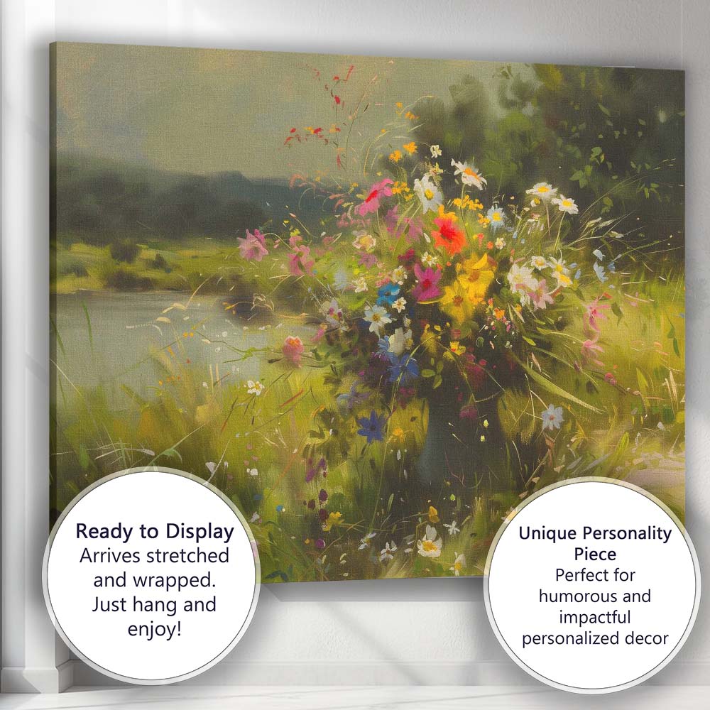 Colourful Wildflower Bouquet By Tranquil Lake Canvas Wall Art Print Decor Picture Ready to Hang