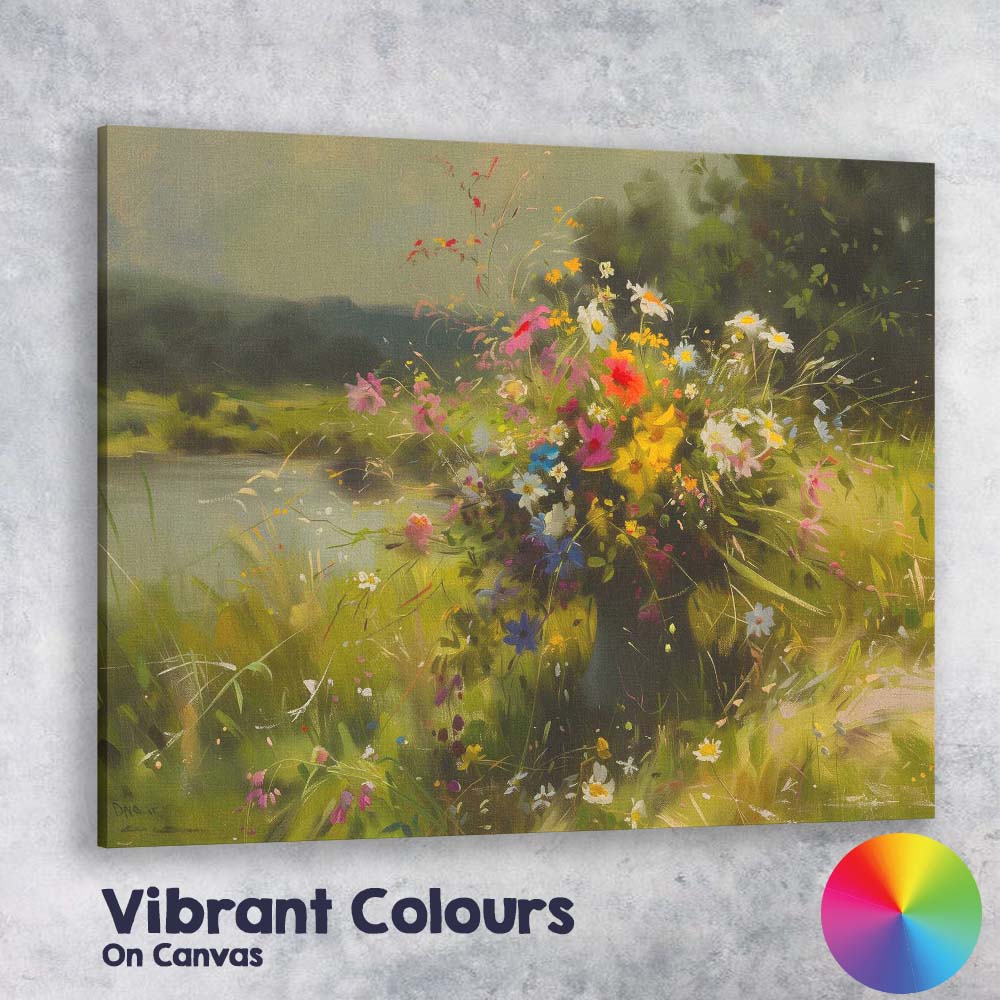 Colourful Wildflower Bouquet By Tranquil Lake Canvas Wall Art Print Decor Picture Ready to Hang