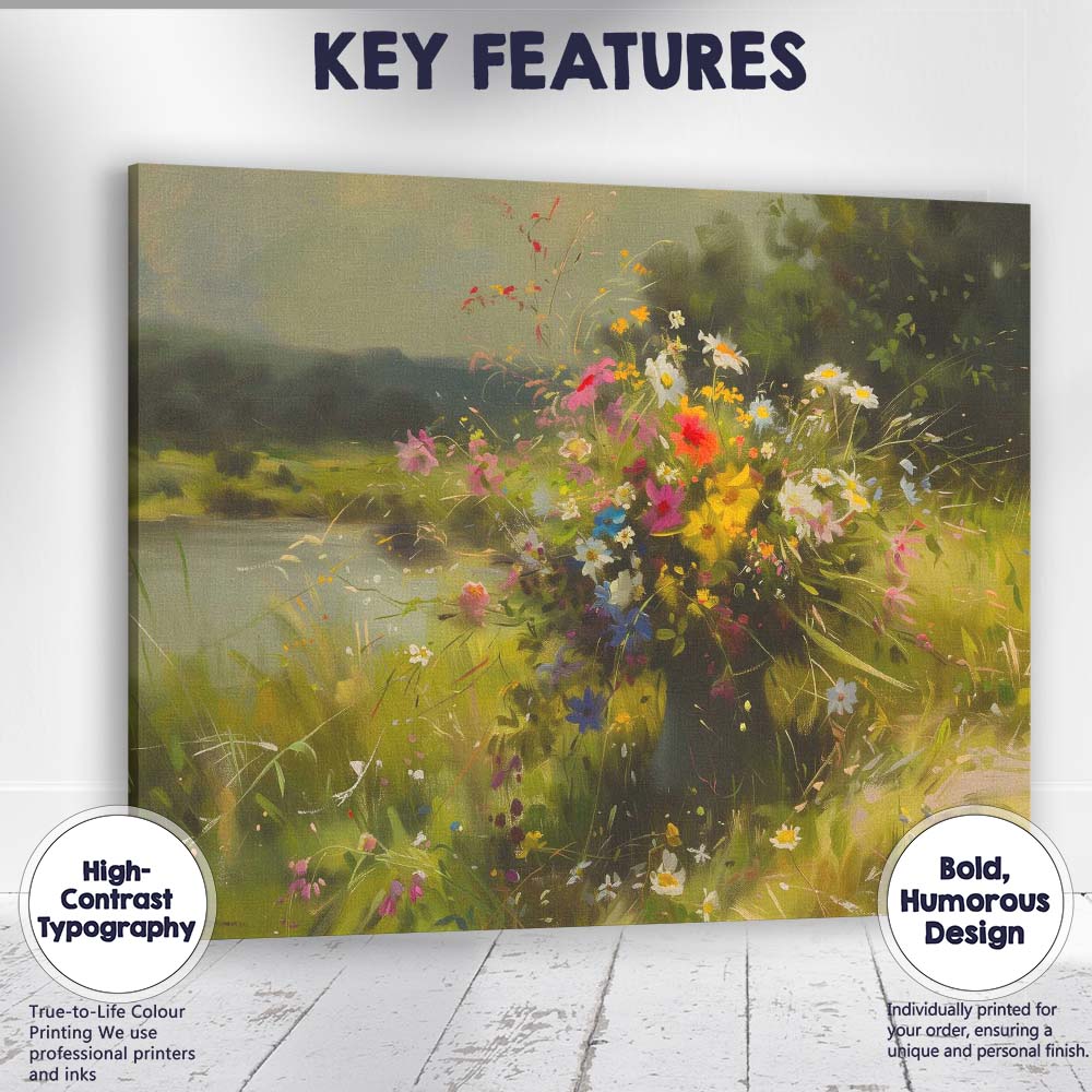 Colourful Wildflower Bouquet By Tranquil Lake Canvas Wall Art Print Decor Picture Ready to Hang