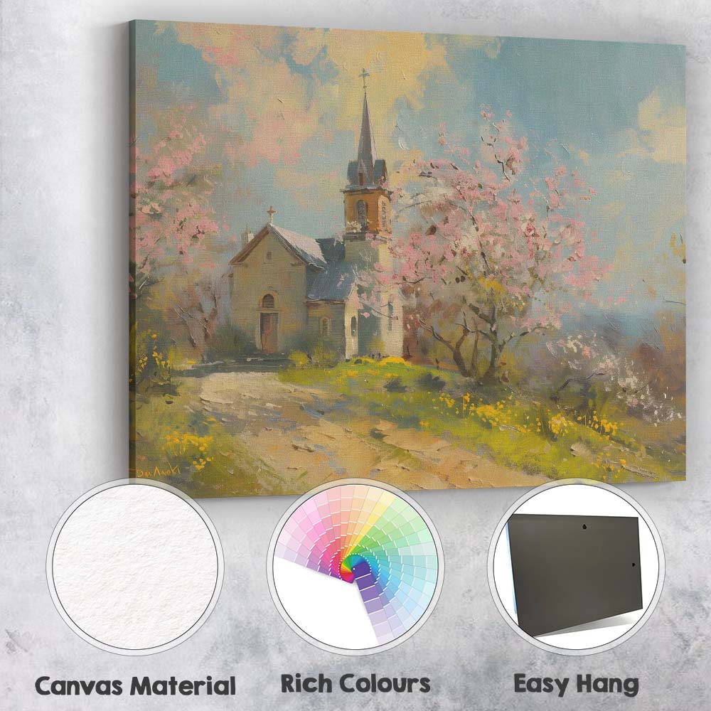Spring Blossom Country Church Impressionist Landscape Canvas Wall Art Print Decor Picture Ready to Hang