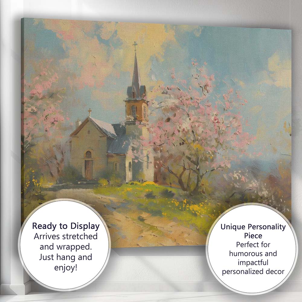 Spring Blossom Country Church Impressionist Landscape Canvas Wall Art Print Decor Picture Ready to Hang