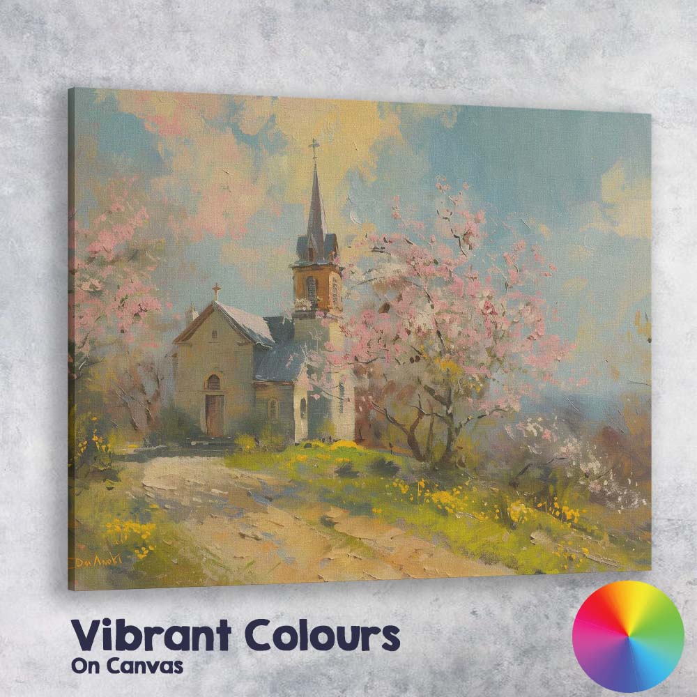 Spring Blossom Country Church Impressionist Landscape Canvas Wall Art Print Decor Picture Ready to Hang