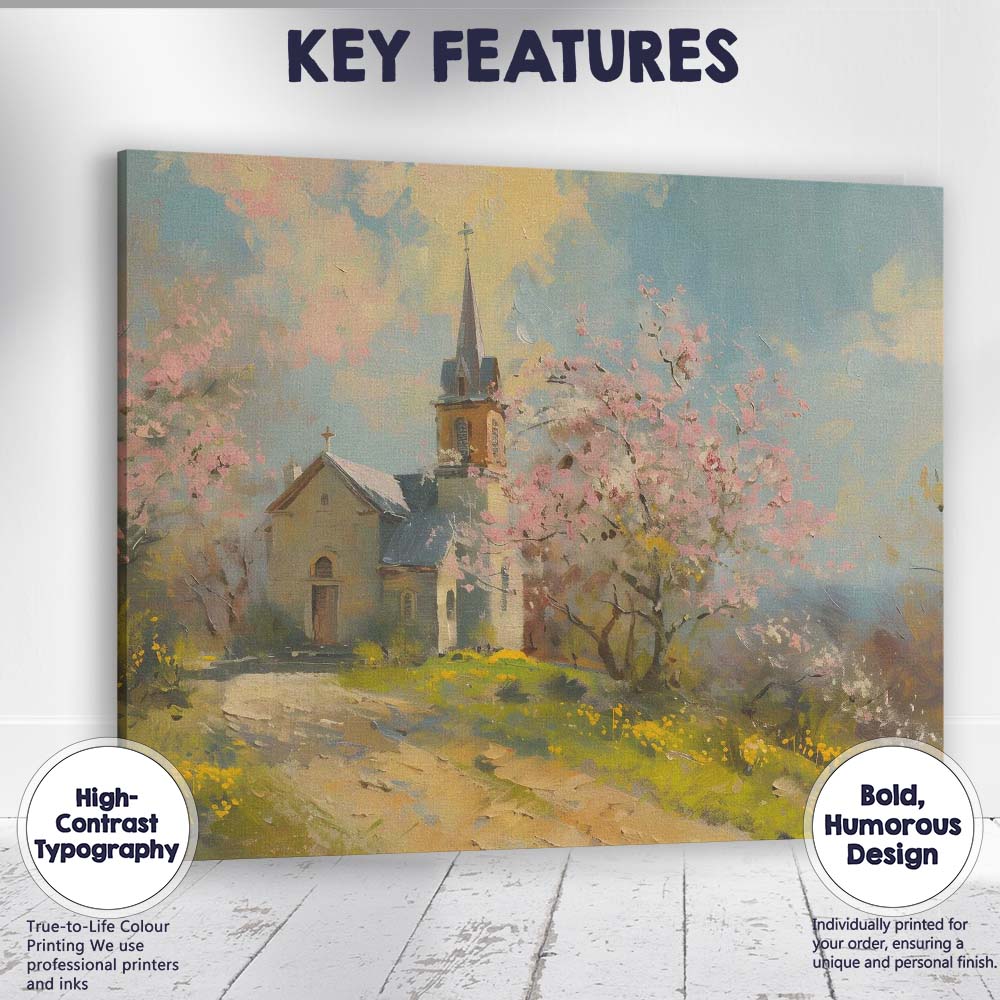 Spring Blossom Country Church Impressionist Landscape Canvas Wall Art Print Decor Picture Ready to Hang