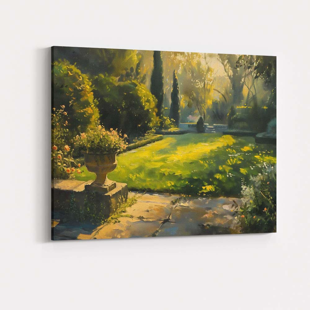Sunlit Formal Garden Lawn Floral Urn Landscape Canvas Wall Art Print Decor Picture Ready to Hang