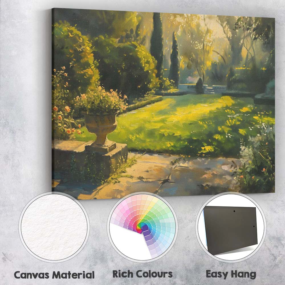 Sunlit Formal Garden Lawn Floral Urn Landscape Canvas Wall Art Print Decor Picture Ready to Hang