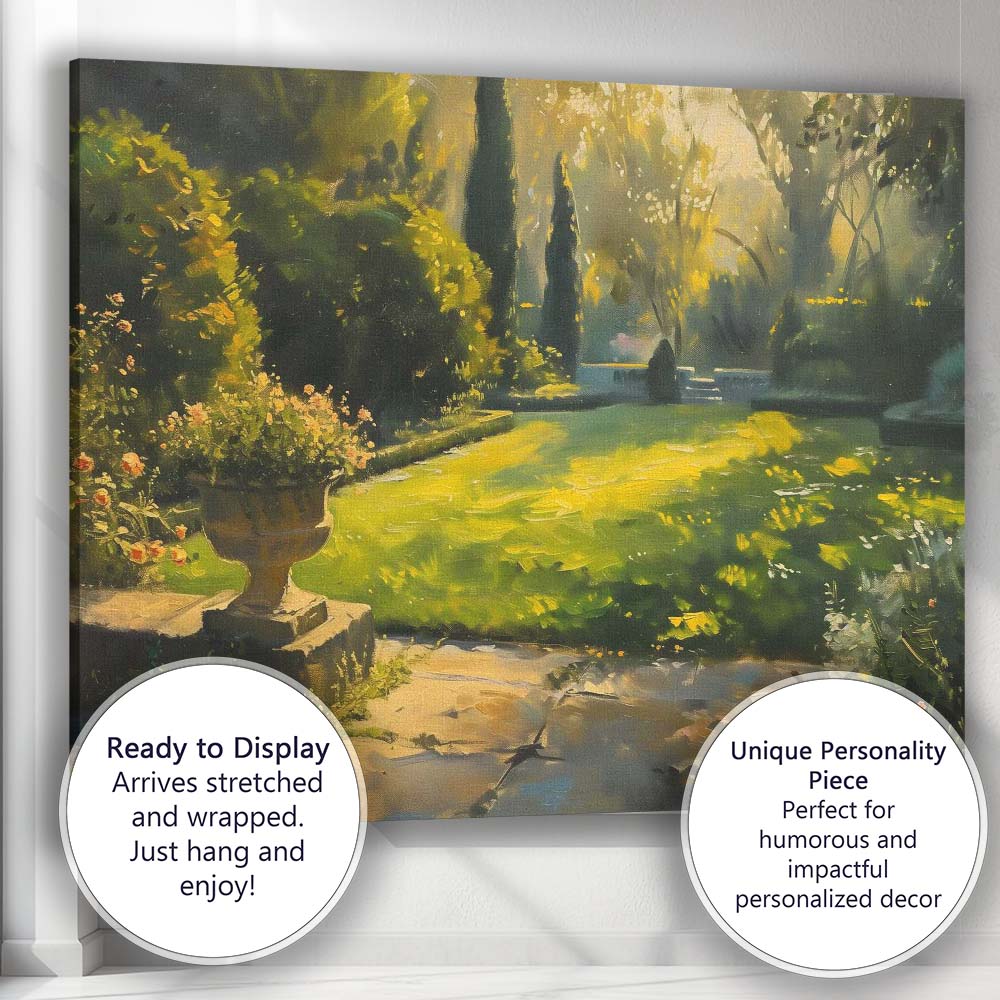 Sunlit Formal Garden Lawn Floral Urn Landscape Canvas Wall Art Print Decor Picture Ready to Hang