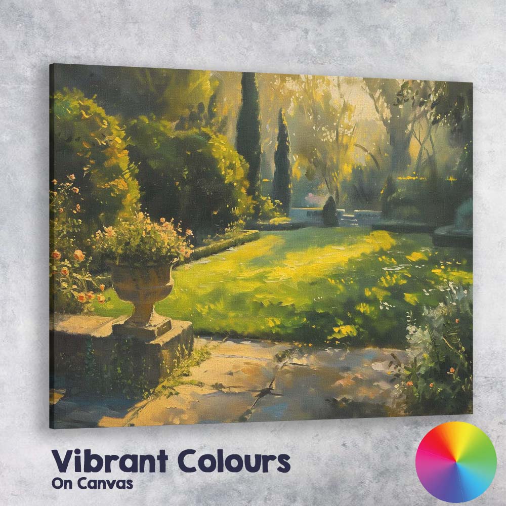 Sunlit Formal Garden Lawn Floral Urn Landscape Canvas Wall Art Print Decor Picture Ready to Hang