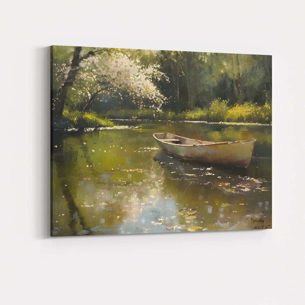 Peaceful Blossom Tree Riverside Rowing Boat Canvas Wall Art Print Decor Picture Ready to Hang
