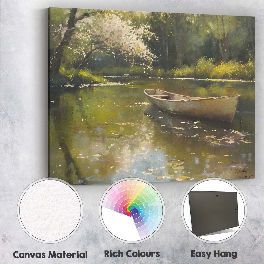 Peaceful Blossom Tree Riverside Rowing Boat Canvas Wall Art Print Decor Picture Ready to Hang