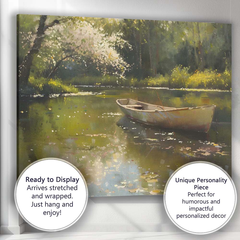 Peaceful Blossom Tree Riverside Rowing Boat Canvas Wall Art Print Decor Picture Ready to Hang