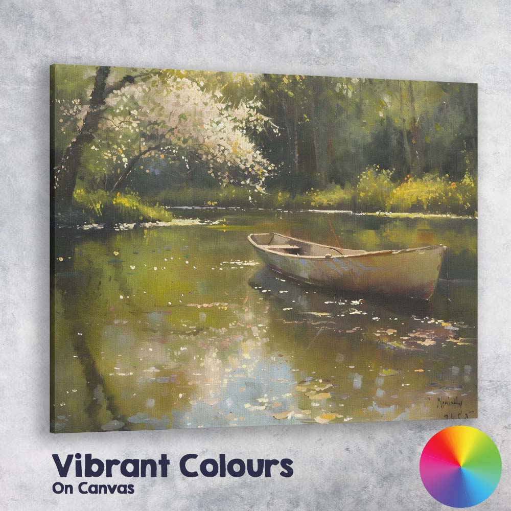 Peaceful Blossom Tree Riverside Rowing Boat Canvas Wall Art Print Decor Picture Ready to Hang