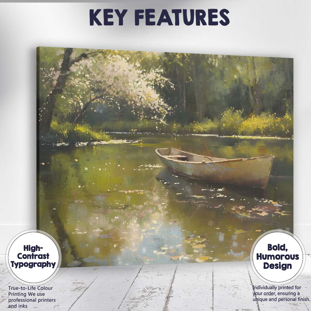 Peaceful Blossom Tree Riverside Rowing Boat Canvas Wall Art Print Decor Picture Ready to Hang