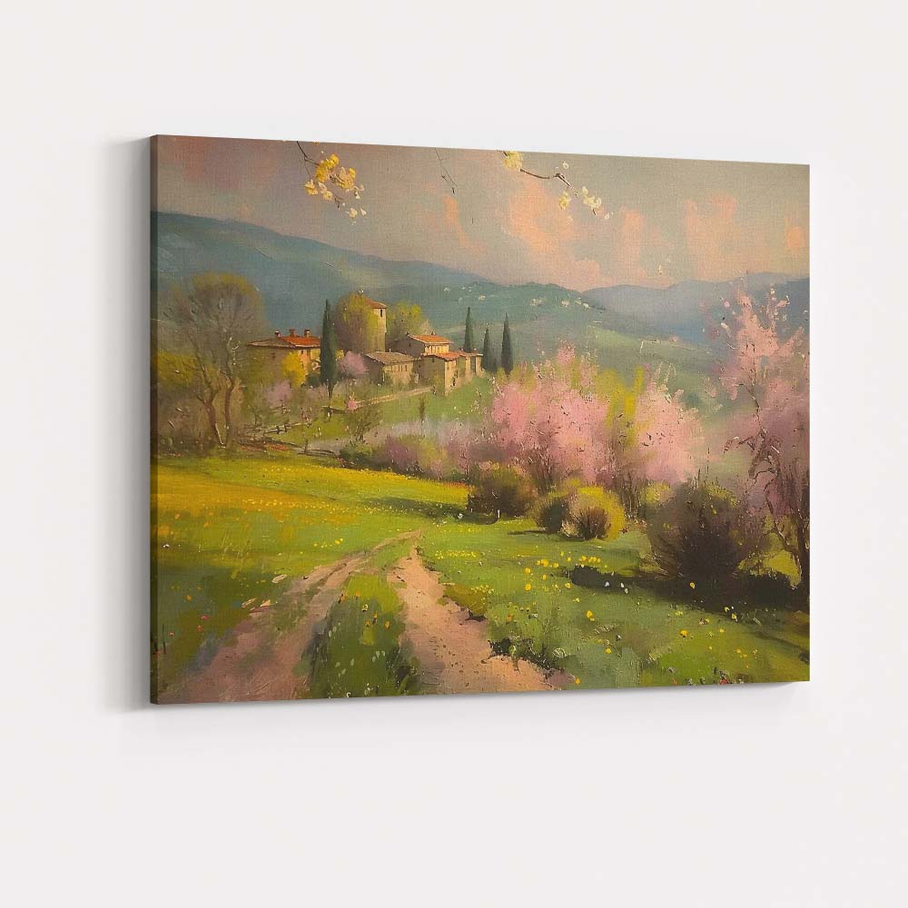 Tuscan Countryside Pink Blossom Trees Rural Village Landscape Canvas Wall Art Print Decor Picture Ready to Hang