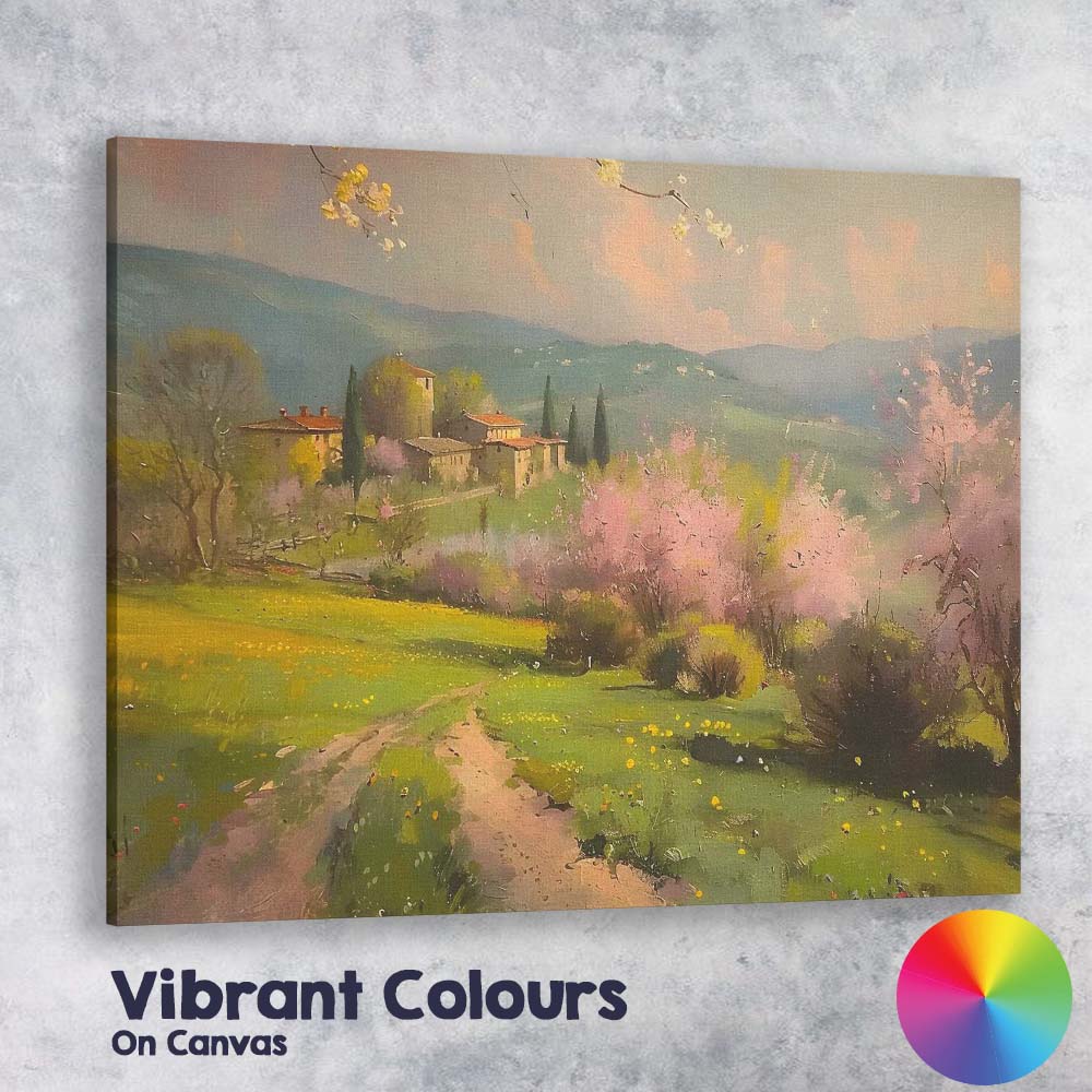 Tuscan Countryside Pink Blossom Trees Rural Village Landscape Canvas Wall Art Print Decor Picture Ready to Hang