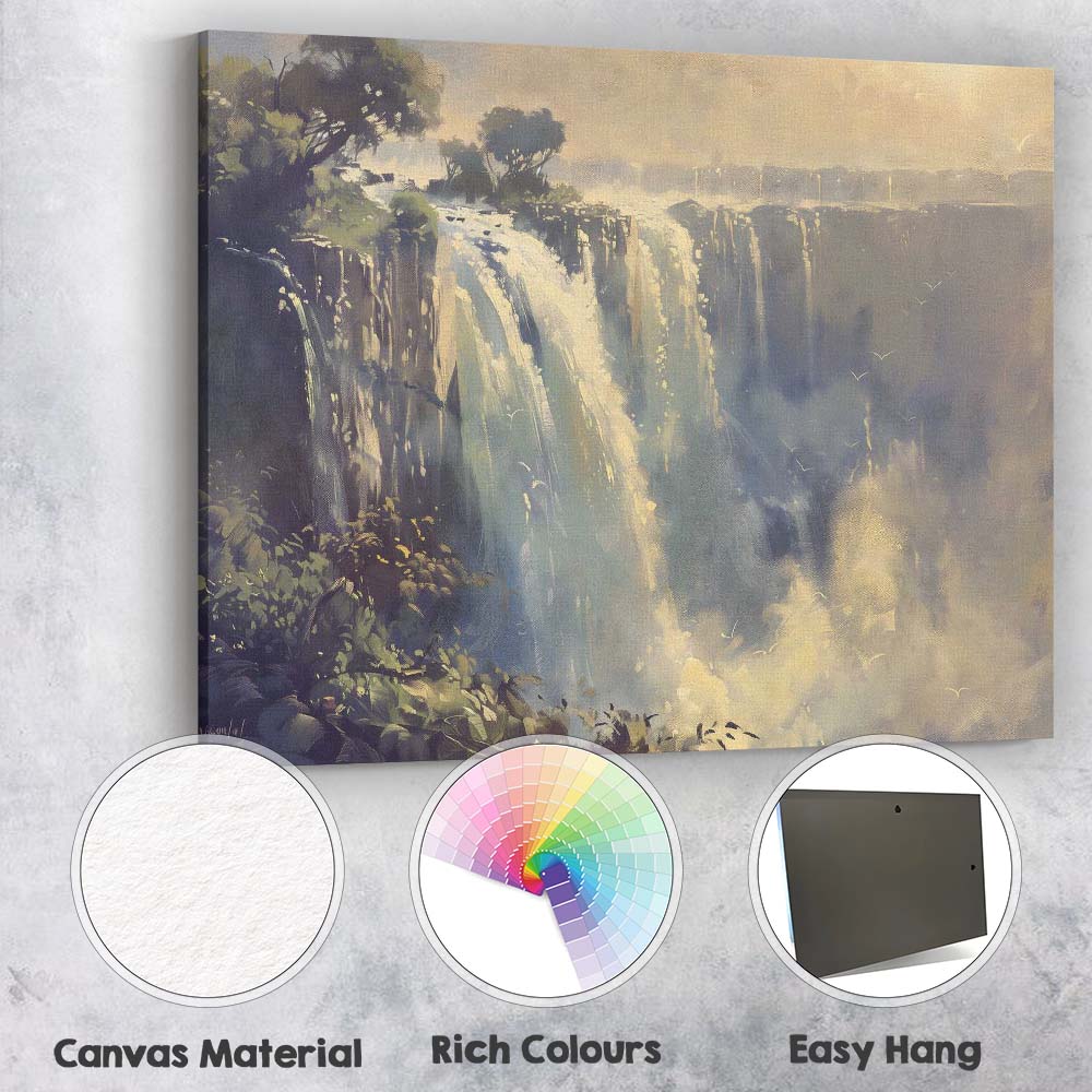 Majestic Misty Waterfall Dramatic Nature Landscape Impressionist Canvas Wall Art Print Decor Picture Ready to Hang