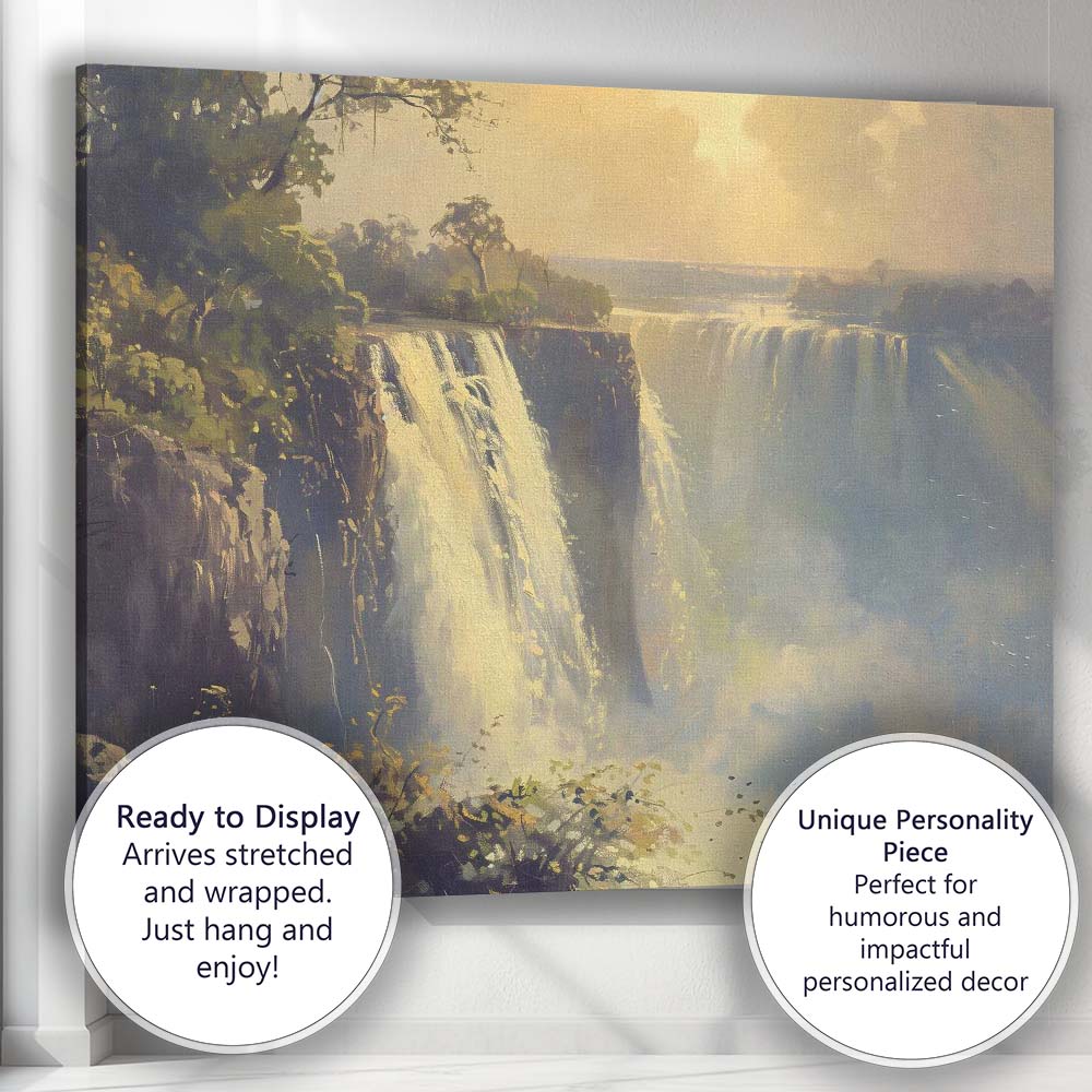 Golden Light Waterfall Cliff Landscape Impressionist Nature Canvas Wall Art Print Decor Picture Ready to Hang