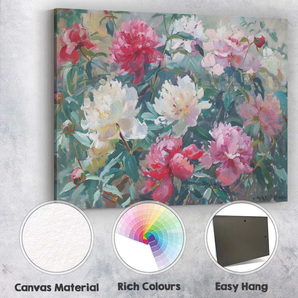 Romantic Pink White Peony Floral Garden Impressionist Canvas Wall Art Print Decor Picture Ready to Hang