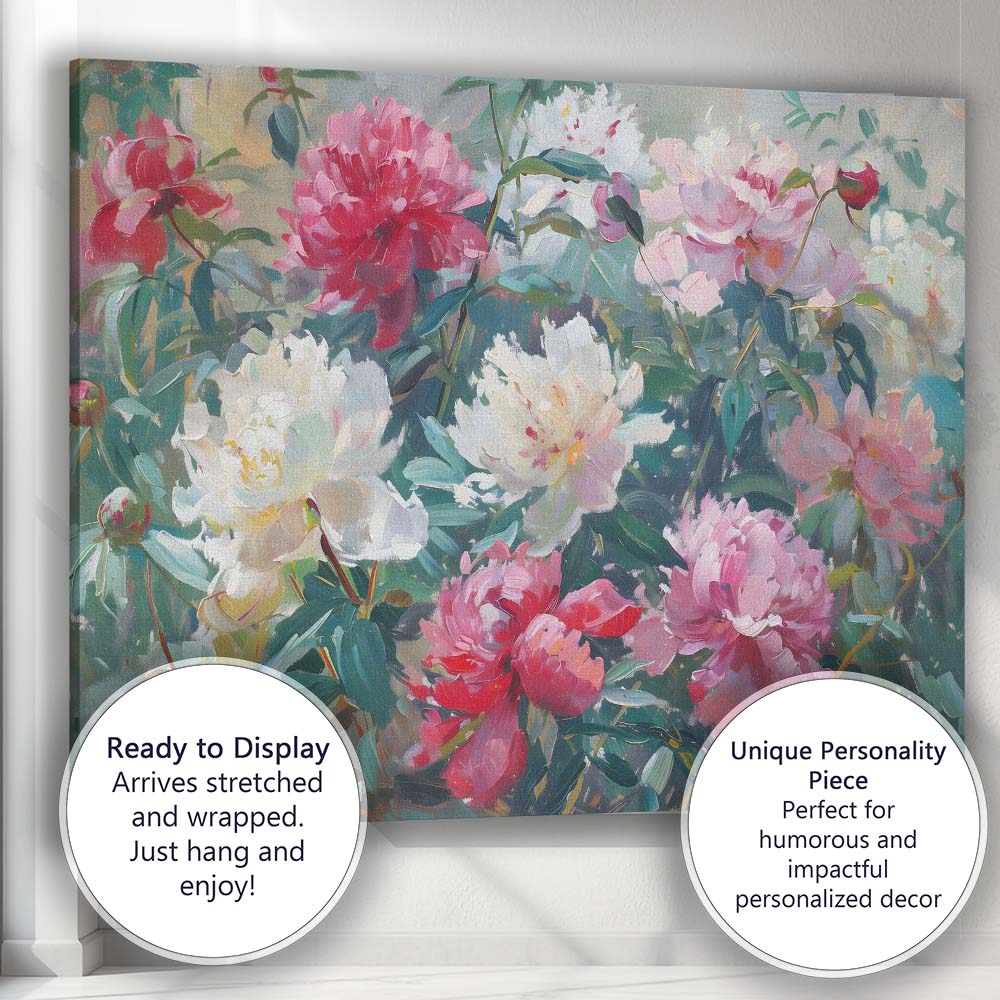 Romantic Pink White Peony Floral Garden Impressionist Canvas Wall Art Print Decor Picture Ready to Hang