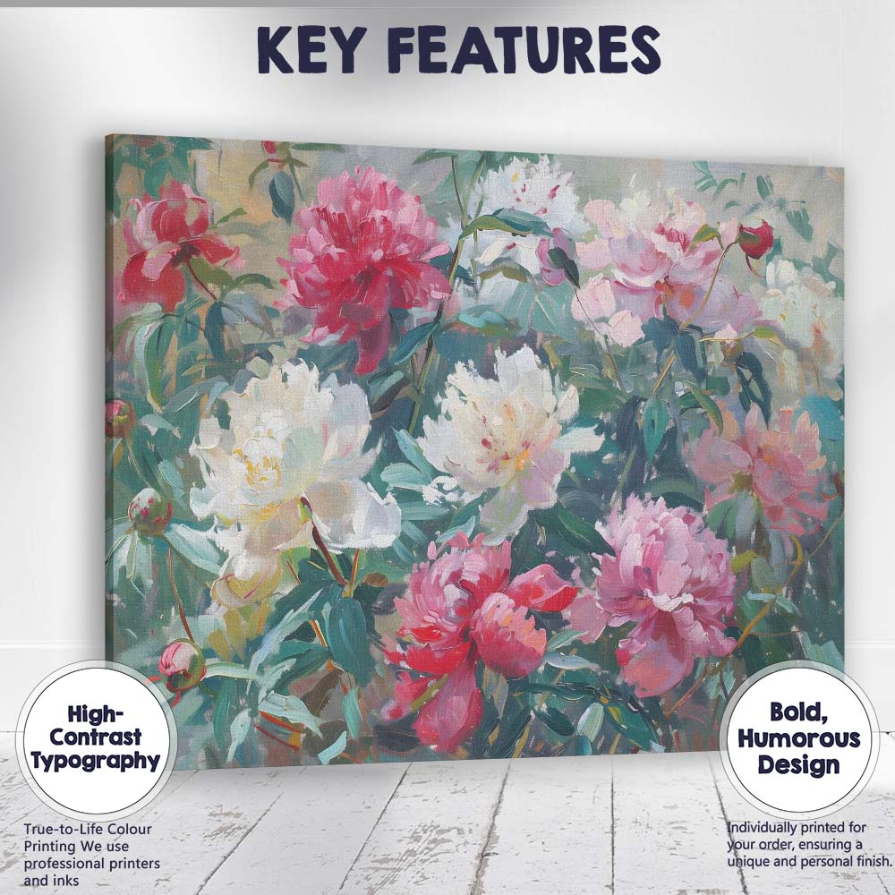 Romantic Pink White Peony Floral Garden Impressionist Canvas Wall Art Print Decor Picture Ready to Hang